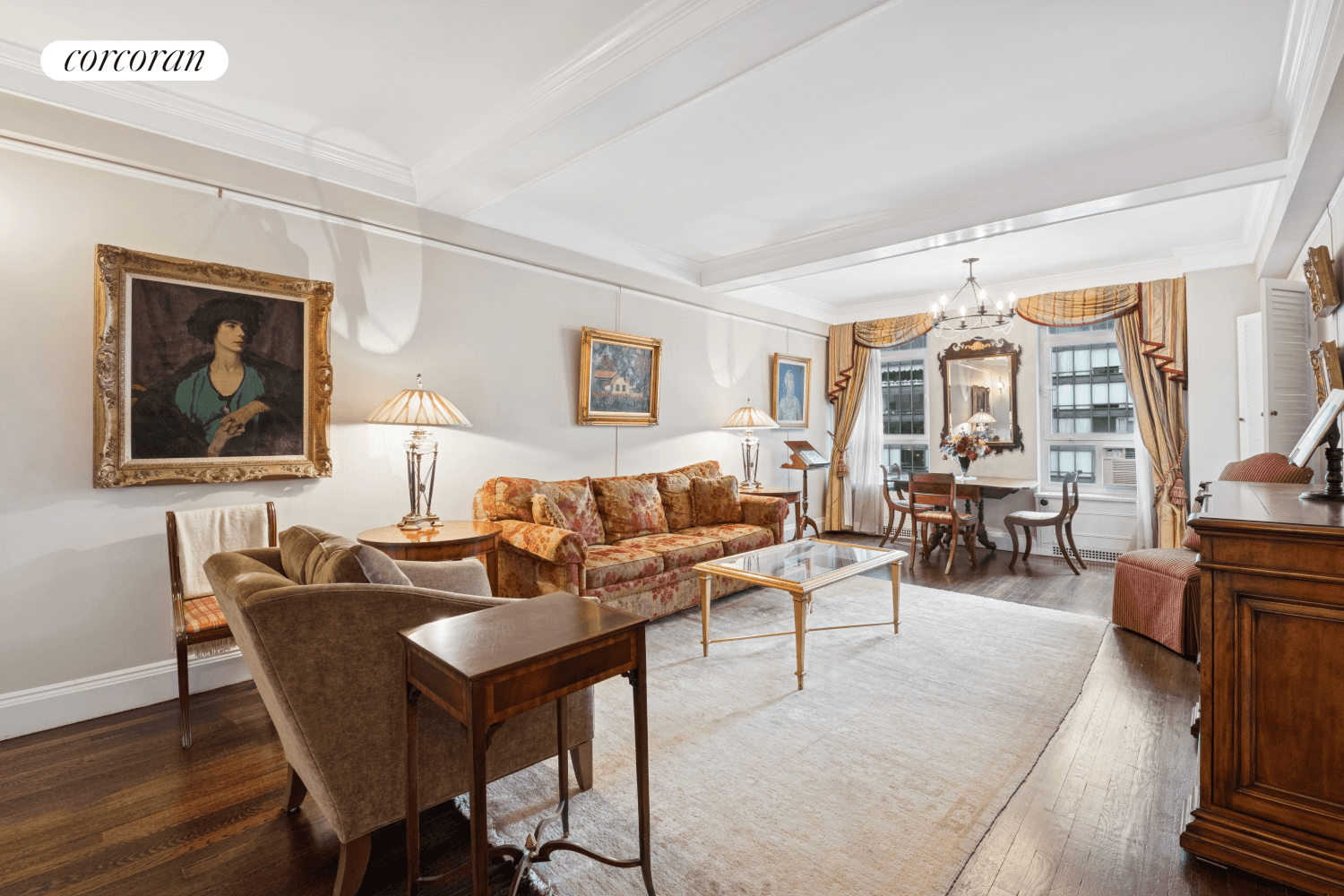 Enter this sun flooded, south facing home into the gracious entry foyer, which leads to a charming, oversized living dining room featuring beautiful custom built in bookshelves, beamed ceilings, and ...