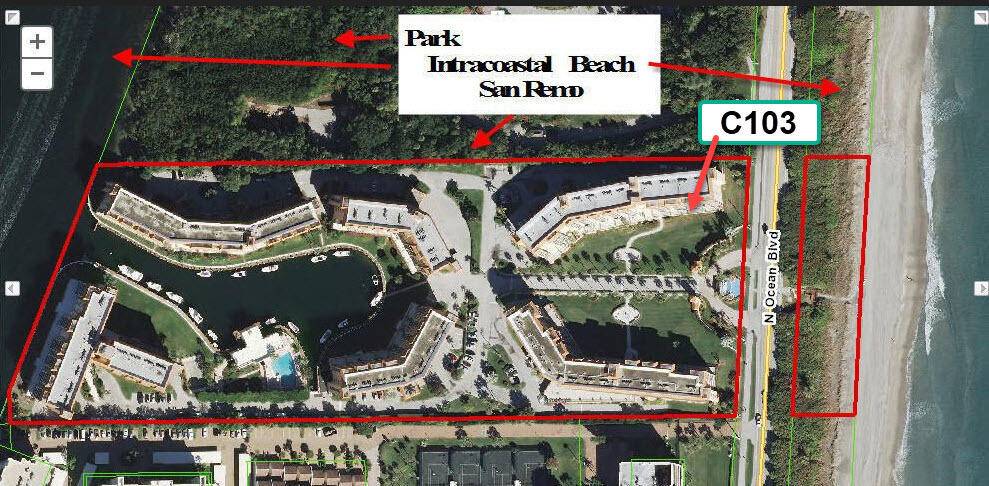 First floor unit includes access to extended patio beyond the screened in lanai which overlooks the Ocean, A1A and the lawns of San Remo.