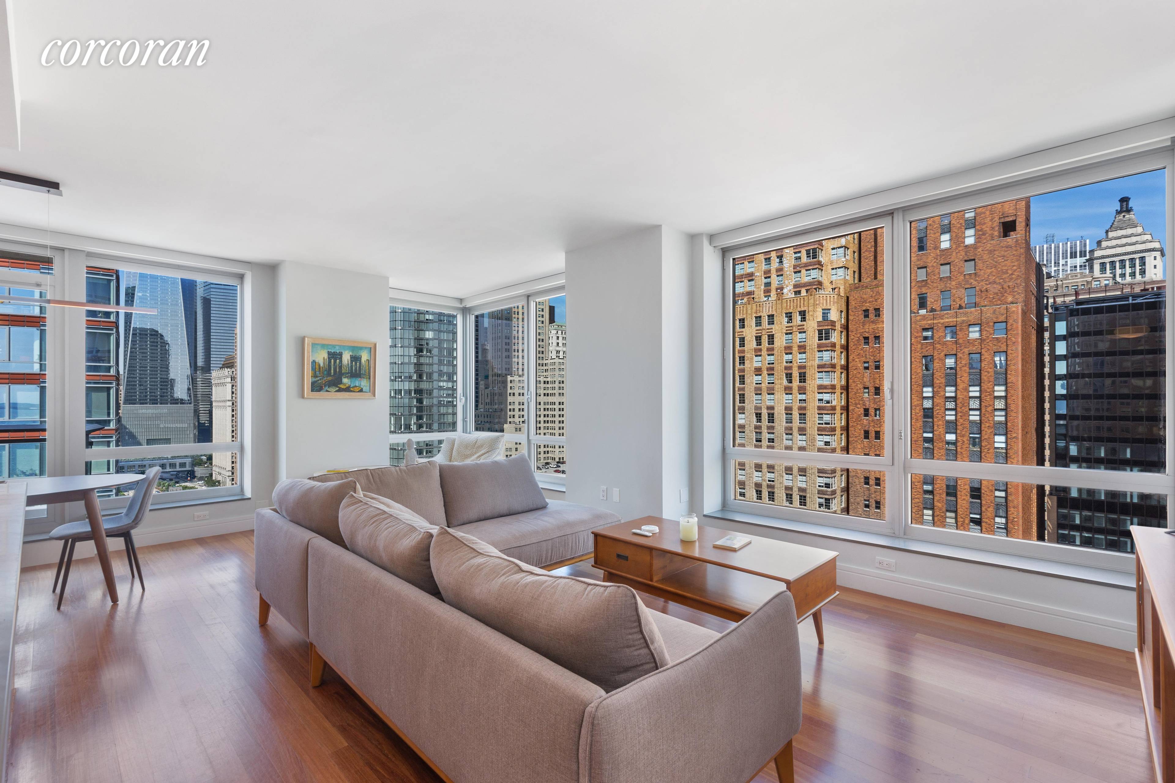 Three exposures ! ! Coveted, spacious, high floor, corner 2 bedroom plus balcony home with 2.