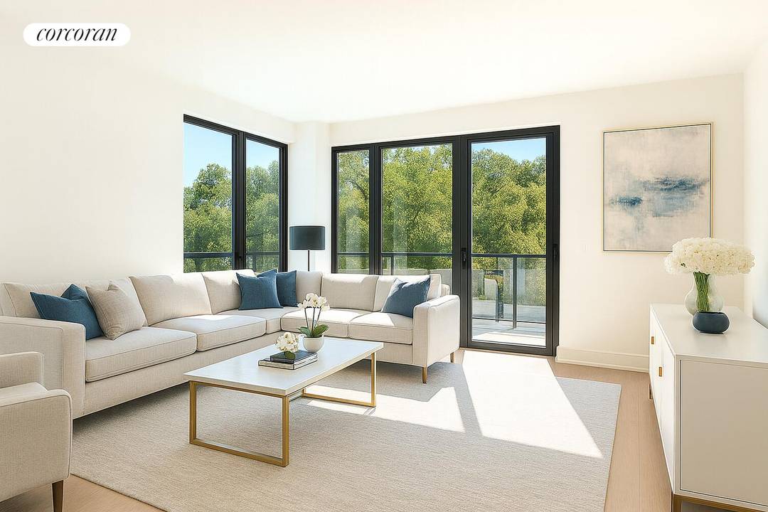 Residence 6F is a stunning top floor, corner one bedroom flooded with natural light from south, west, and east exposures, offering breathtaking views of the Manhattan skyline.
