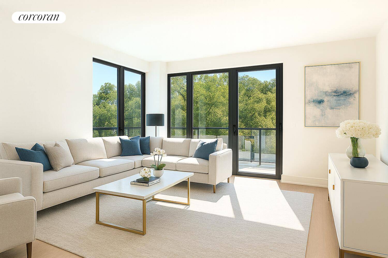 Residence 6F is a stunning top floor, corner one bedroom flooded with natural light from south, west, and east exposures, offering breathtaking views of the Manhattan skyline.