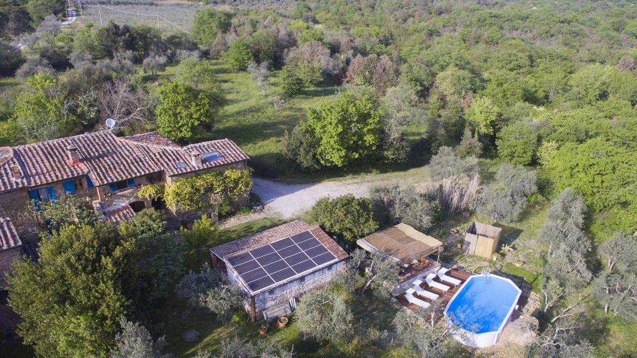 On sale restored antique house in Tuscany with garden near Rigomagno with olive grove. Farmhouse divided into two apartments near Siena