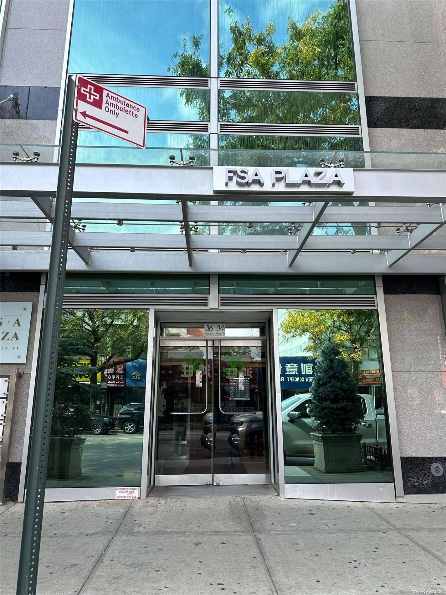 This prime commercial office space, approximately 950 sq ft, is located on the first floor of the prestigious FSA Plaza, right on Main Street in the heart of Downtown Flushing.