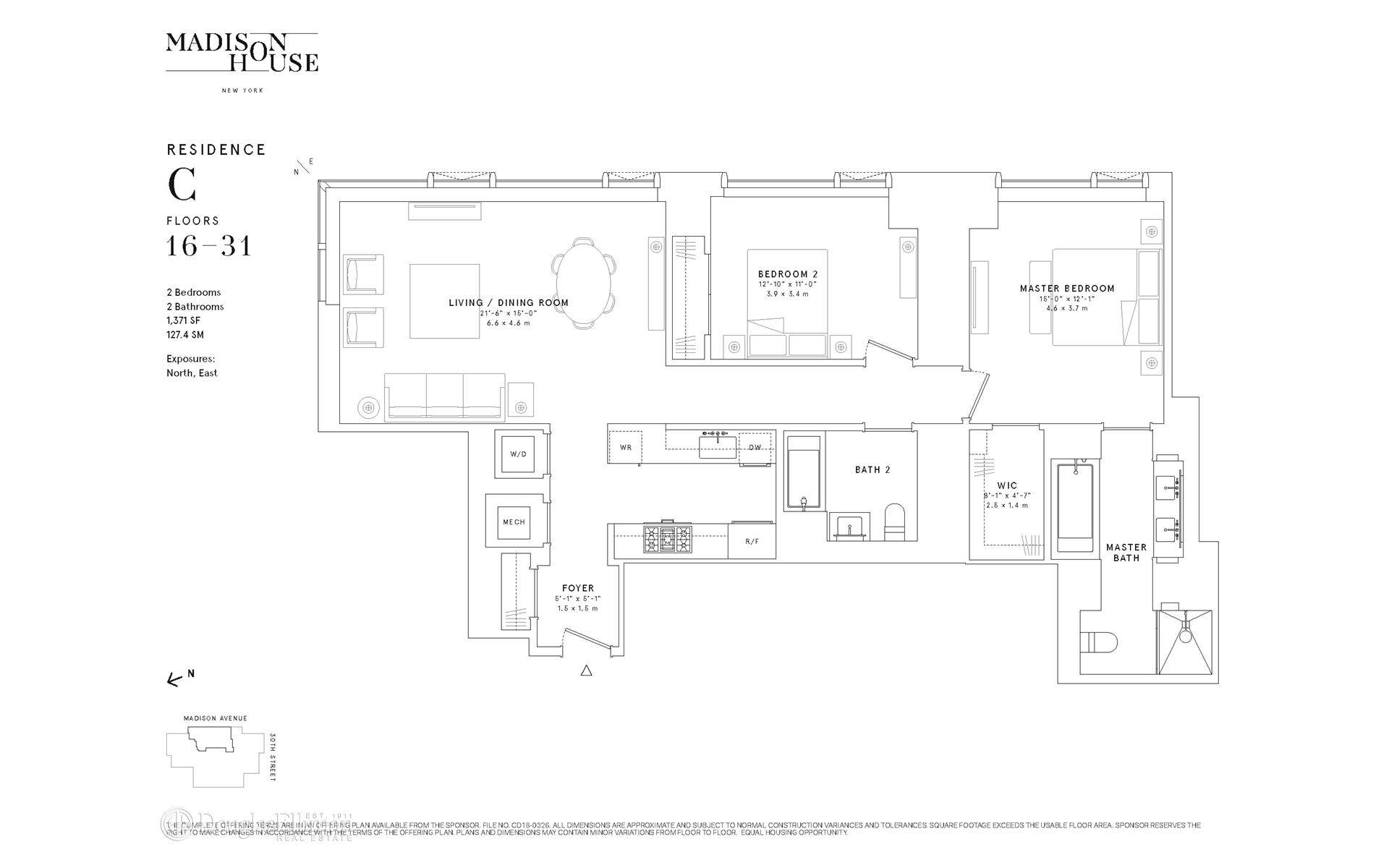 In the heart of stylish NoMad, Madison House offers unsurpassed panoramic views of New York City, where every residence has a corner window and 11 foot ceilings or higher.
