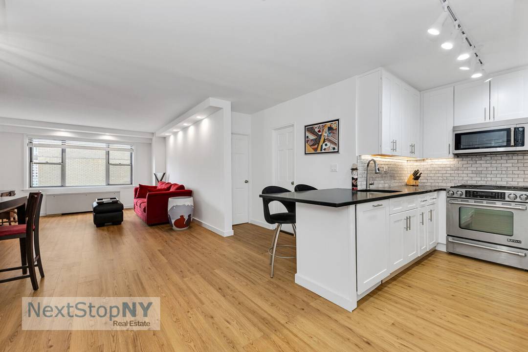 An incredibly large, one bedroom apartment, with views of the Empire State Building and Chrysler Building, featuring 3 spacious closets, 1 of which is a walk in.