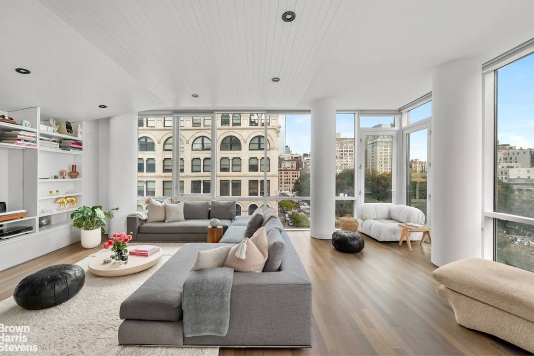 Residence 6A at 8 Union Square South offers iconic views over Union Square, with a private entrance on recently pedestrianized University Place.