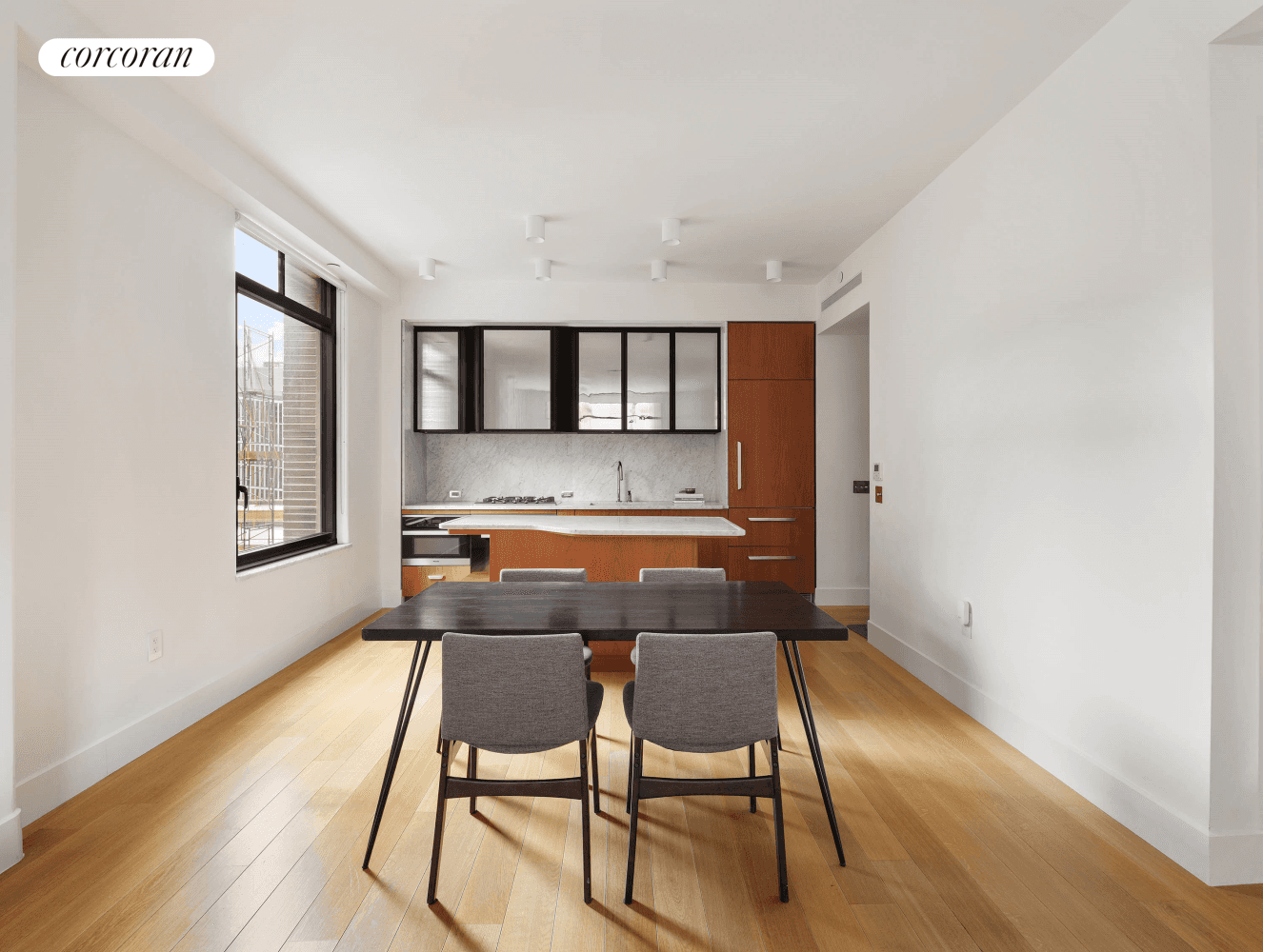 Residence 9H at Greenwich West is a two bedroom, two bathroom home with both Sothern and Eastern exposures.