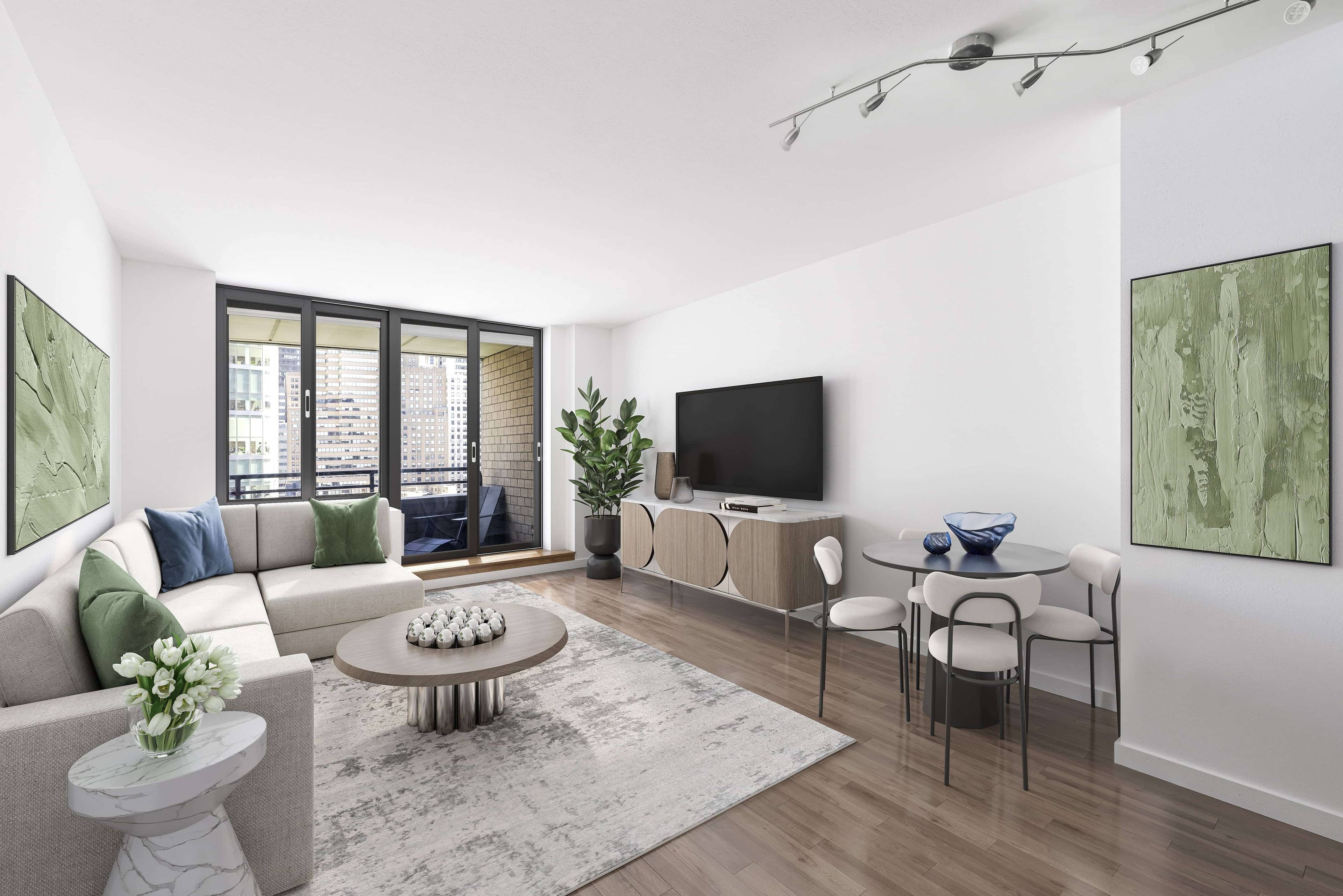 Perched on the 16th floor, this totally renovated one bedroom with private balcony offers open eastern views of the WTC and New York Harbor.