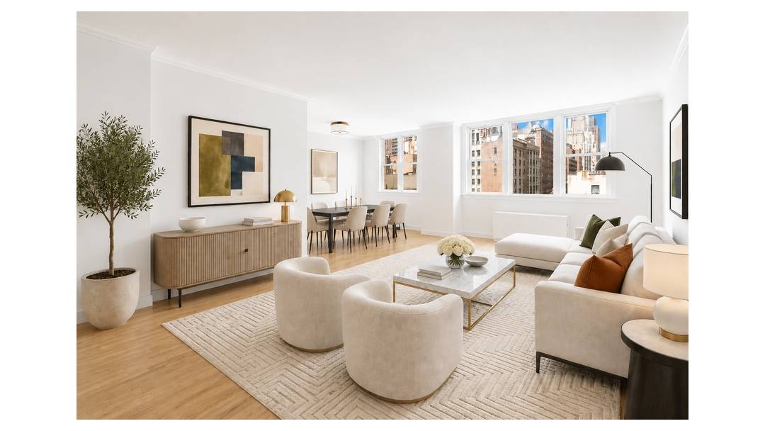 Perched on a coveted south and west corner, this beautifully renovated two bedroom, two bathroom residence offers an exceptional combination of light, scale, and sweeping Manhattan skyline views, including the ...