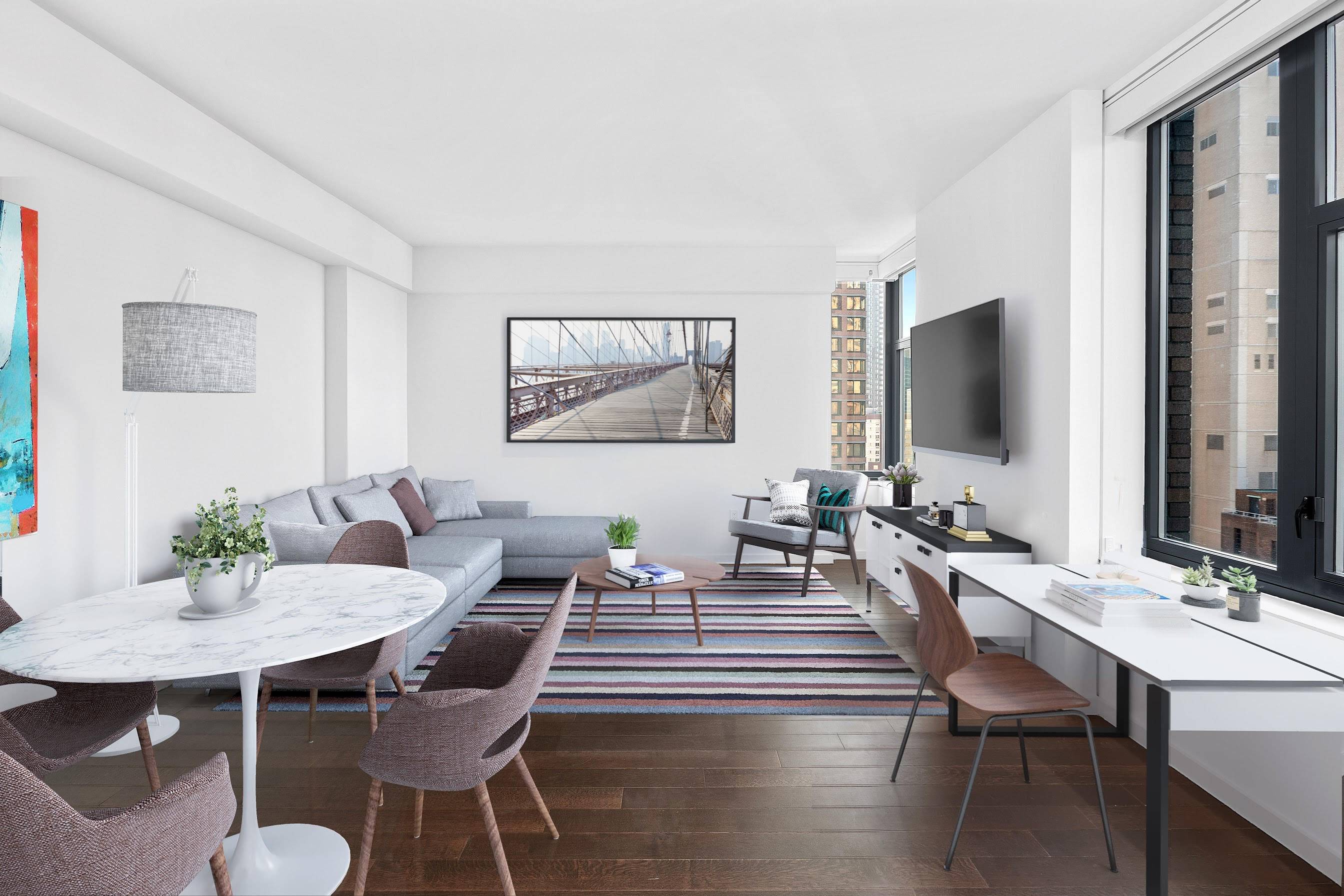 Fabulous light and Southern and Eastern city skyline with a partial river view is one of the hallmarks of this new, large 1 BR, 1 1 2 BA apartment.