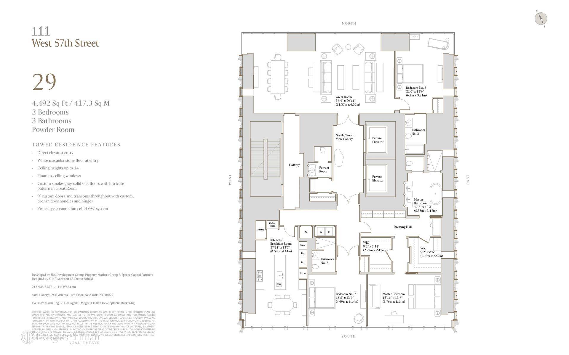 This gracefully proportioned, full floor 4, 492 square foot Tower Residence with three bedrooms and three and a half bathrooms is designed for elegant living on a grand scale.