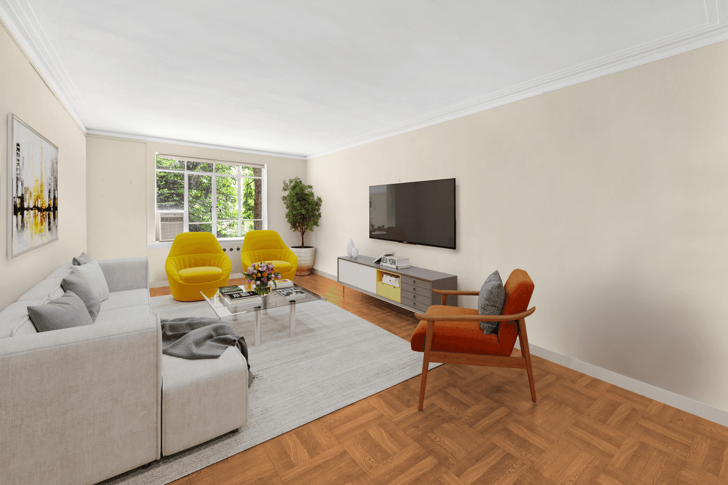 Apartment 1CW at Chelsea Gardens is a pre war one bedroom with amazing views of the magical common garden from every window.