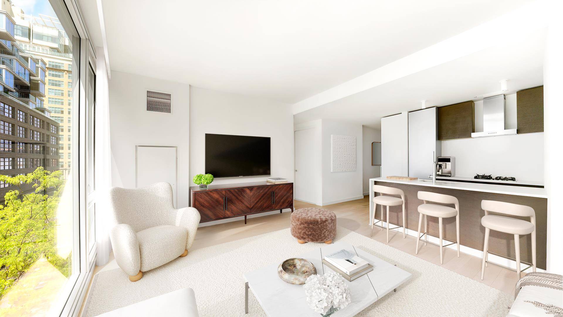 A Hell's Kitchen HavenThis perfectly appointed and extra large, south facing one bedroom home features a sun flooded and gracious living room with floor to ceiling windows, an open kitchen, ...
