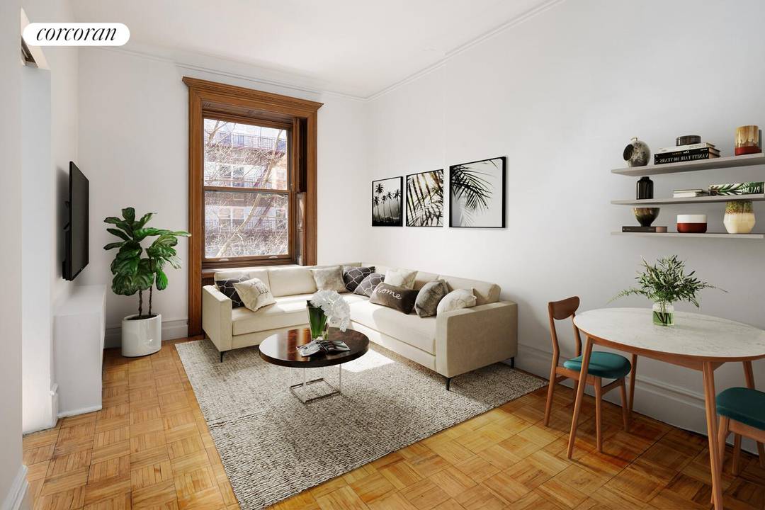 Located in a beautifully restored Upper West Side brownstone, this South facing one bedroom home with oversized windows allows sunlight to pour in and tranquil tree top views.