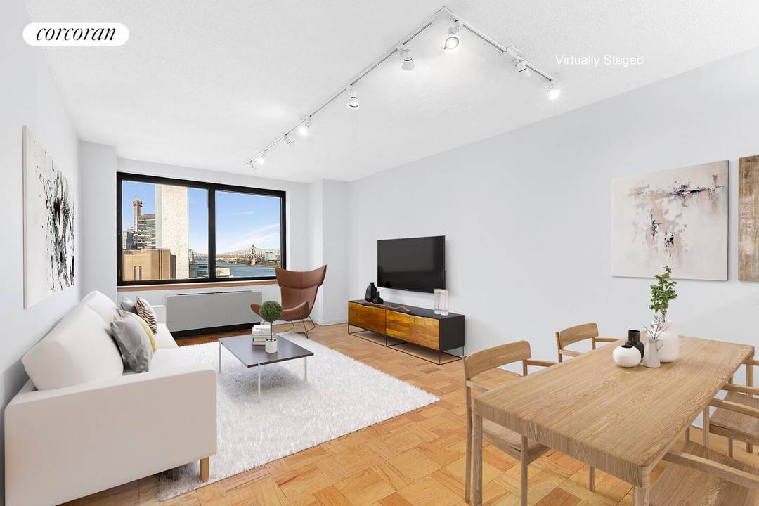 Residence 12H at 415 East 37th Street is a quiet, one bedroom, one bath in a white glove, full service condominium with extensive amenities and open East River views.