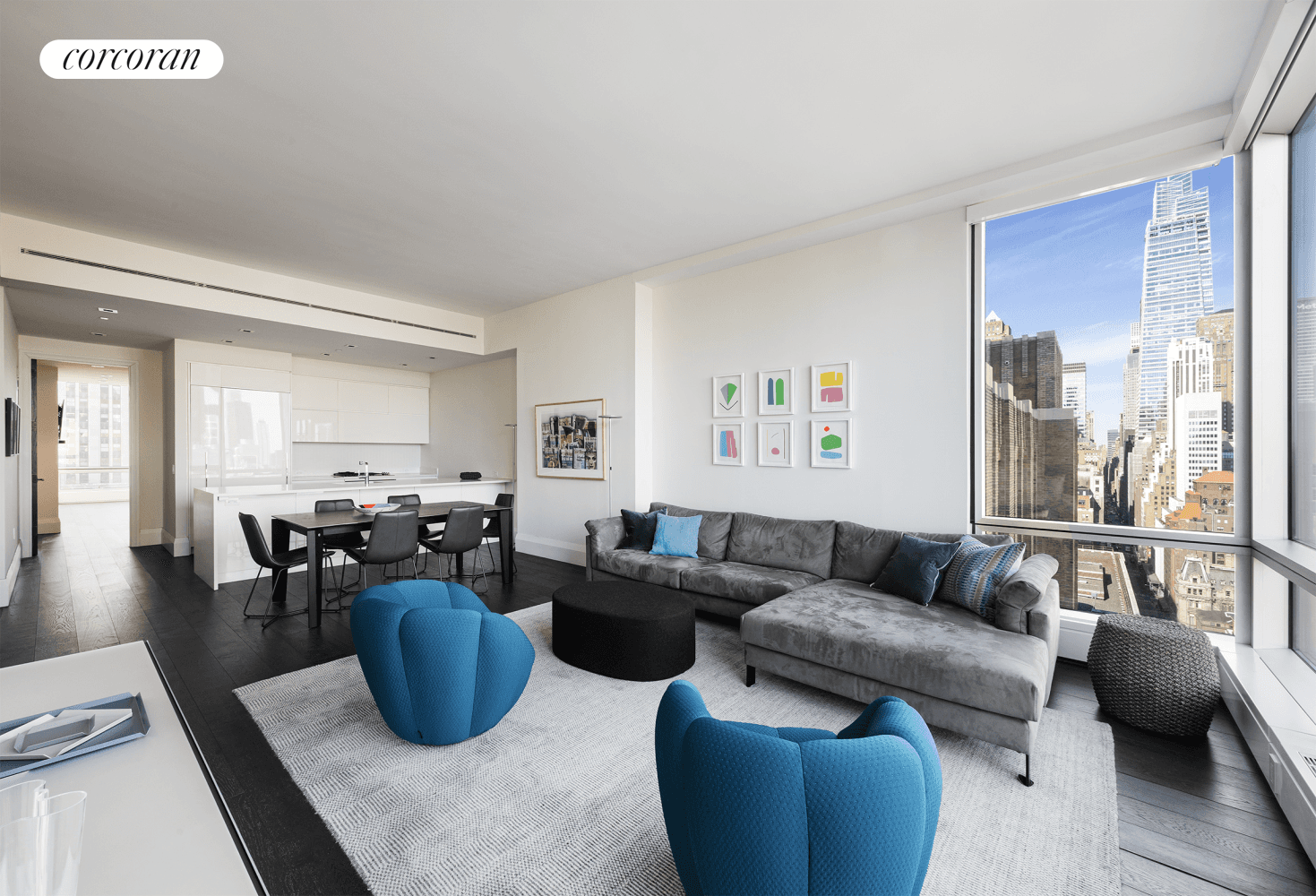 An exquisite corner residence high above the city, Residence 24B at the Karl Fischer designed 172 Madison boasts dramatic double exposure views framed by 11 foot floor to ceiling windows.