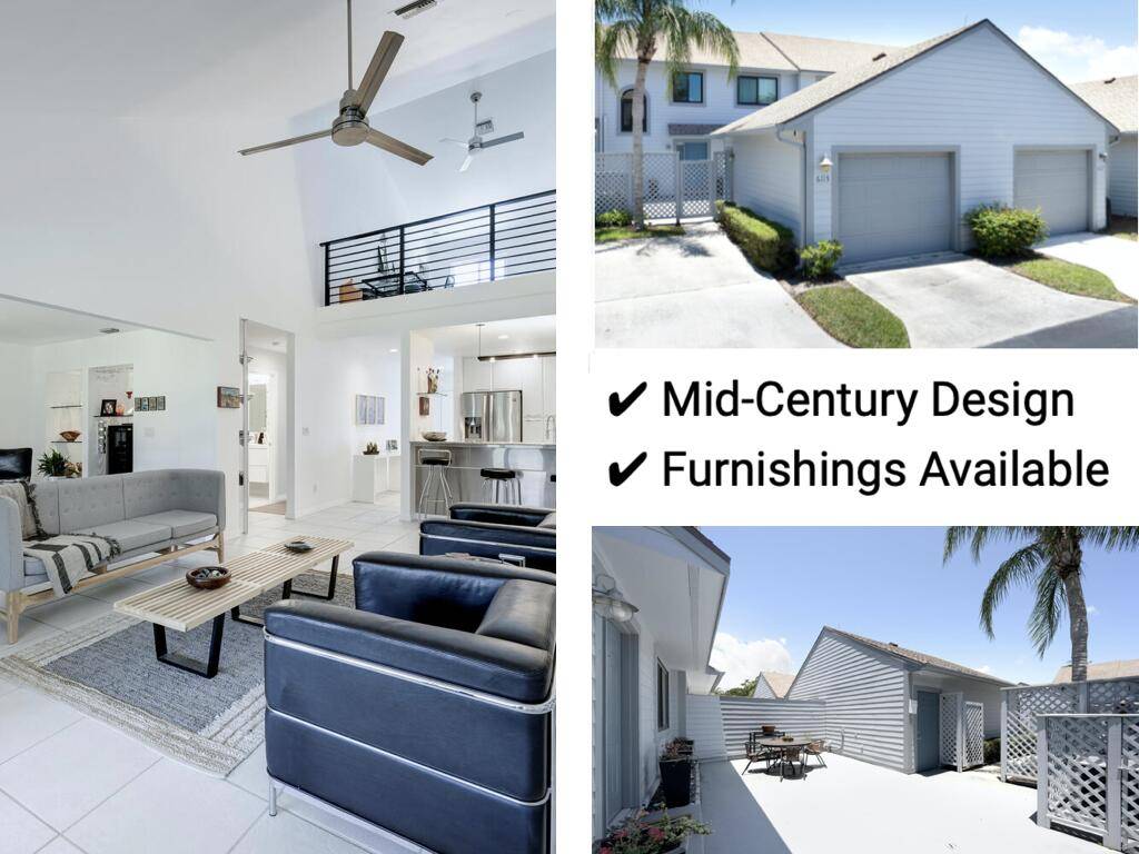 This striking two bedroom, two bath plus den Mid Century design townhouse in Heritage Ridge features an ensuite primary, a den or possible third bedroom, a courtyard entry, and a ...