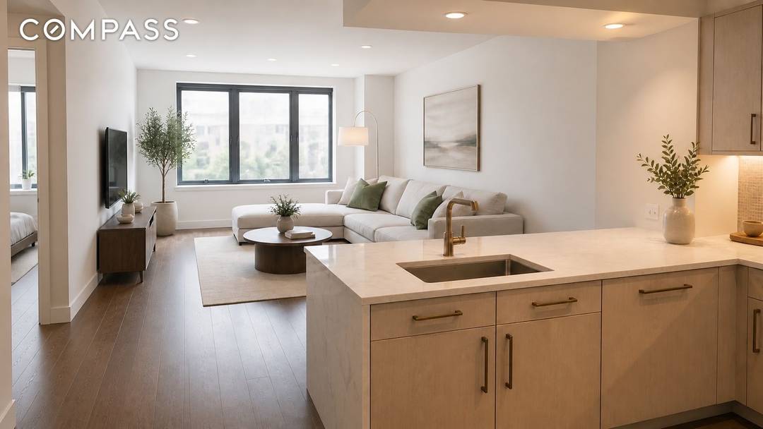 This 856 square foot, one bedroom, one bath residence offers beautiful southern exposure and warm, modern, elegant interiors by Shamir Shah Design.