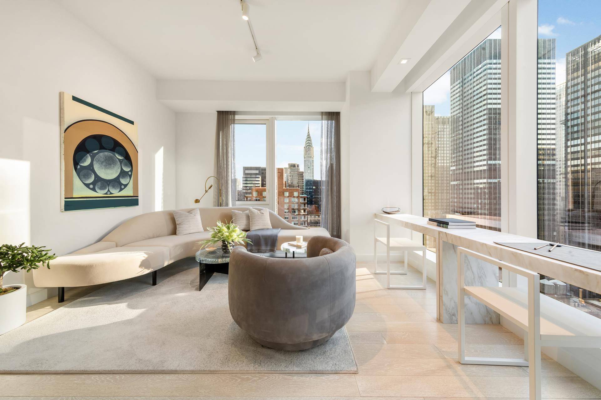 Immediate Occupancy. This expansive one bedroom, one and a half bathroom residence designed by Champalimaud offers northern, western, and southern exposures through floor to ceiling windows.