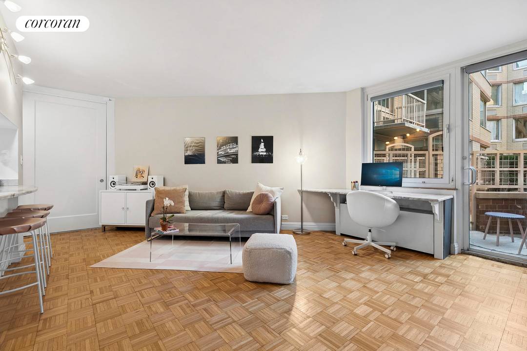 Residence 2FF at 393 West 49th Street is a quiet, bright, spacious and elegantly renovated studio with private terrace with direct access to the landscaped residents only courtyard at the ...