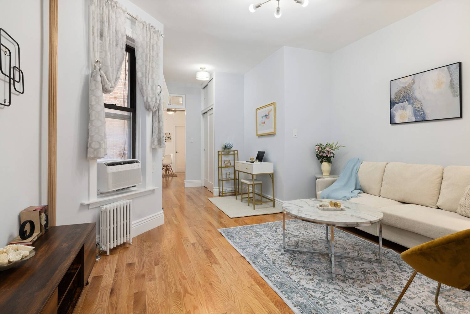SPONSOR UNIT NO COOP APPROVAL Partial Floor Thru One Bedroom with meticulously restored prewar details with new luxurious finishes.