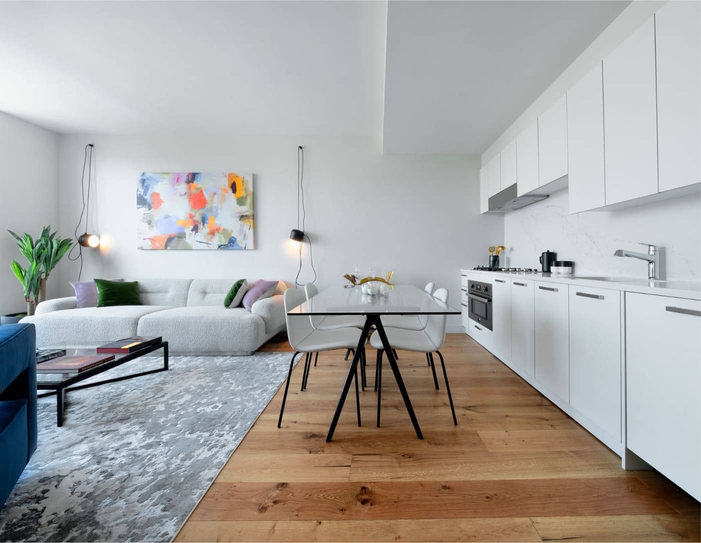 Sun flooded, high floor one bedroom apartment with floor to ceiling windows, stunning views of the city, and spacious layout.