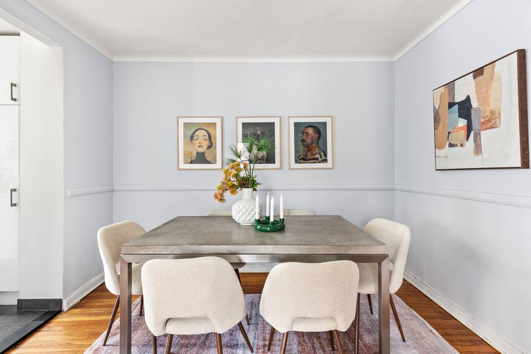 This oversized corner two bedroom home with four exposures perfectly blends pre war character with modern comfort.