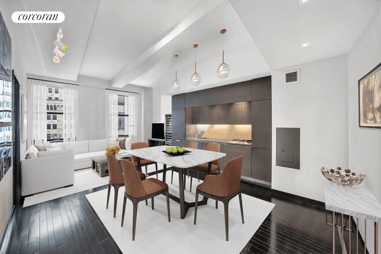 Gorgeous and highly sought after 1, 204 SF 2 bedroom, 2 bath large 1 bedroom home office, functions as a 2 bedroom in the acclaimed Armani Casa 20 Pine Street.