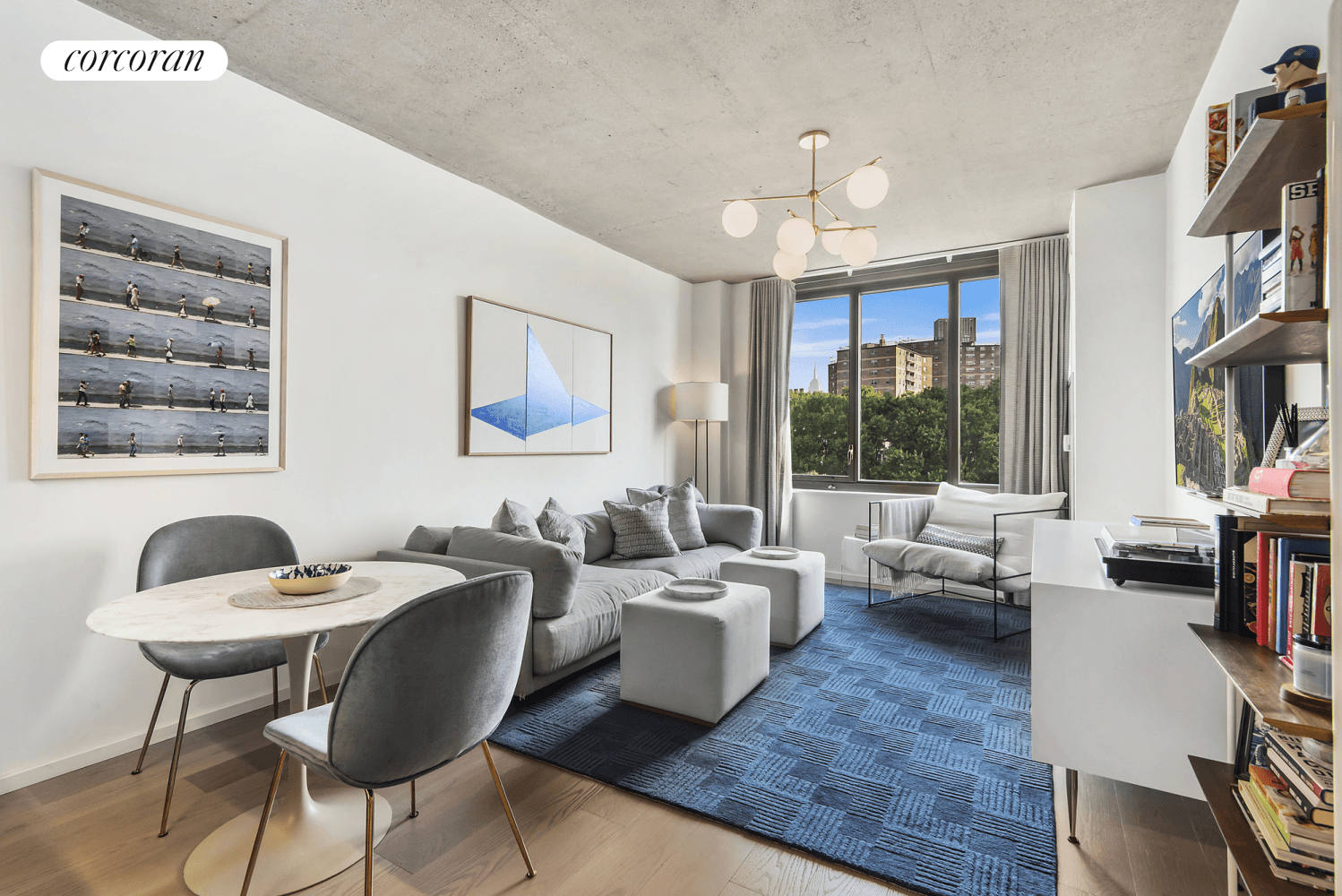 Residence 5F is a sunny, 681 square foot one bedroom with one full bath and Empire State Building views to the north through oversized casement windows surrounded in bronze, spilling ...