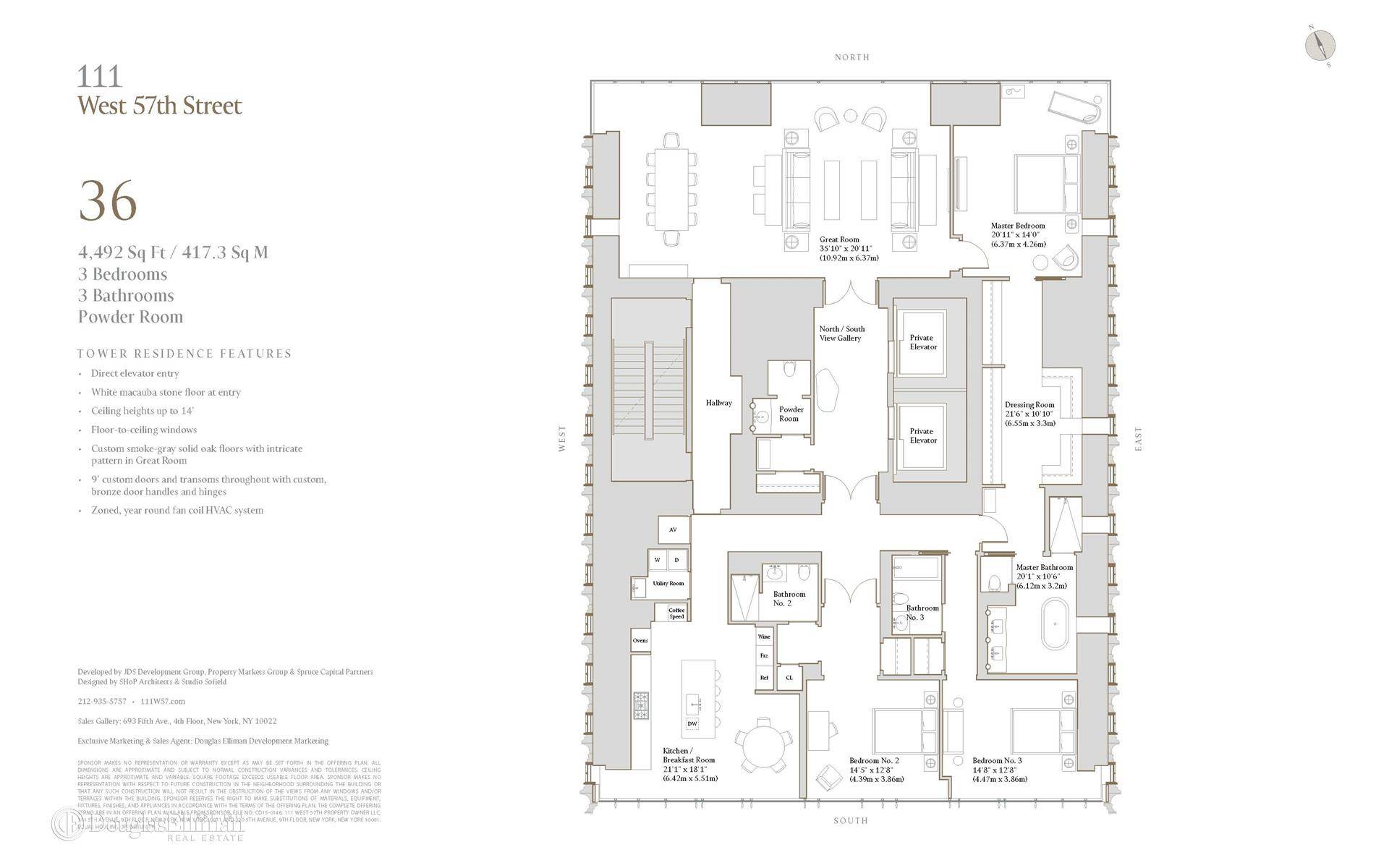 This 4, 492 square foot three bedroom with three and a half bathrooms is a beautifully proportioned full floor Tower Residence boasting Central Park and city views.