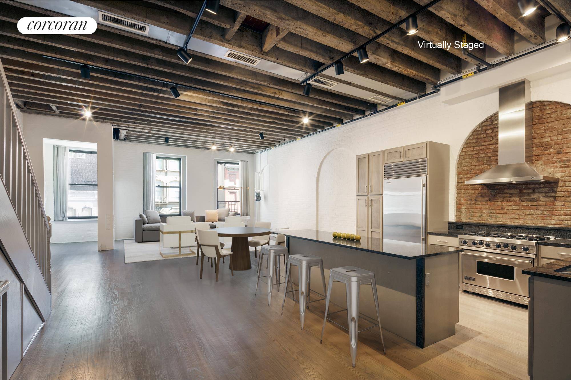 The sights and sounds of Tribeca unfold at your feet in this beautifully renovated, ultra private duplex loft home topped by a 400 square foot private roof deck.