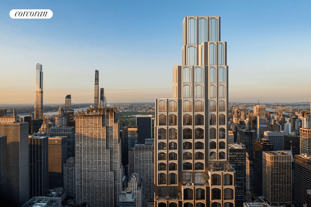 This spectacular three bedroom residence boasts sweeping views of Manhattan skyline landmarks, including the Chrysler Building, from south, east, and north exposures through arched 10 x 10 windows.