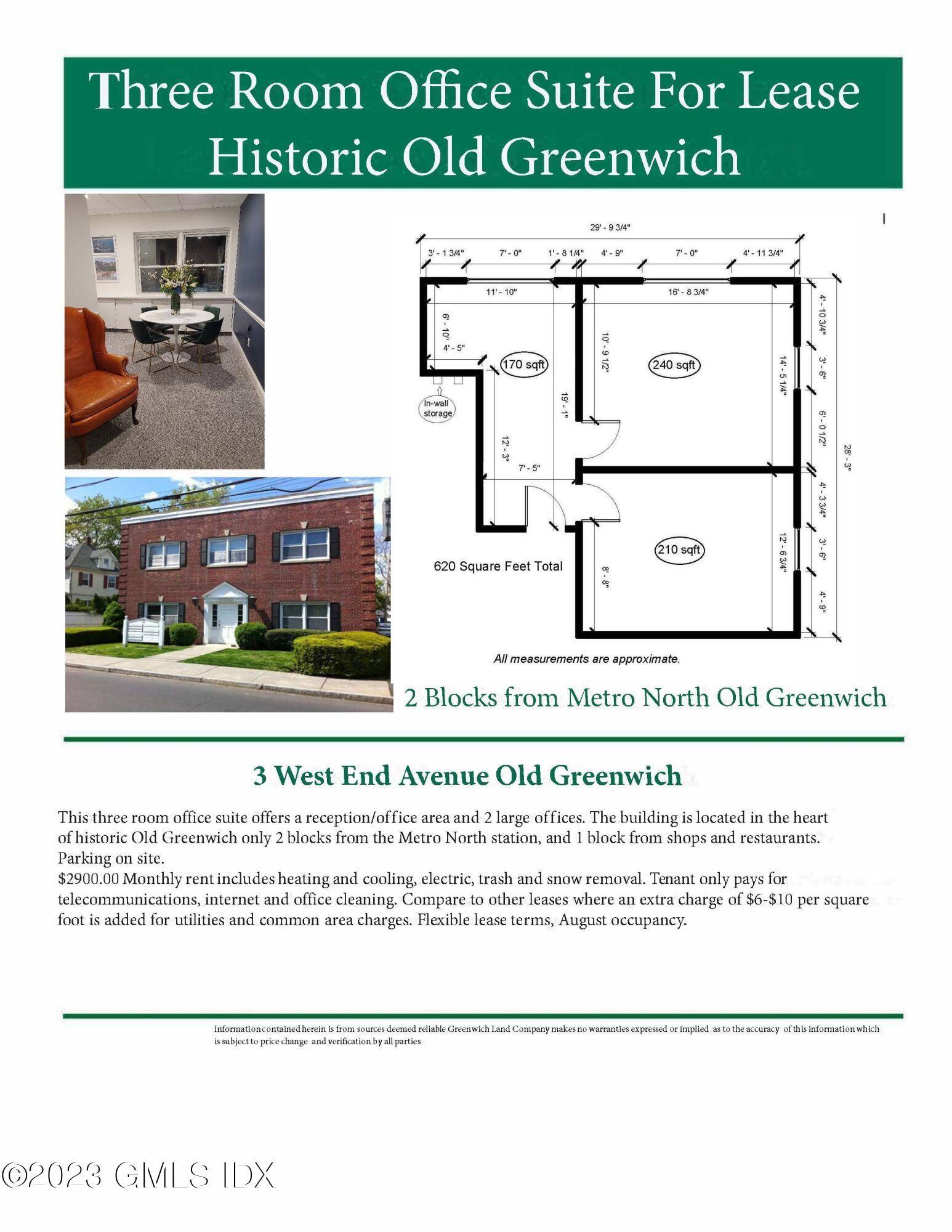3 room corner office suite the center of Old Greenwich Village.
