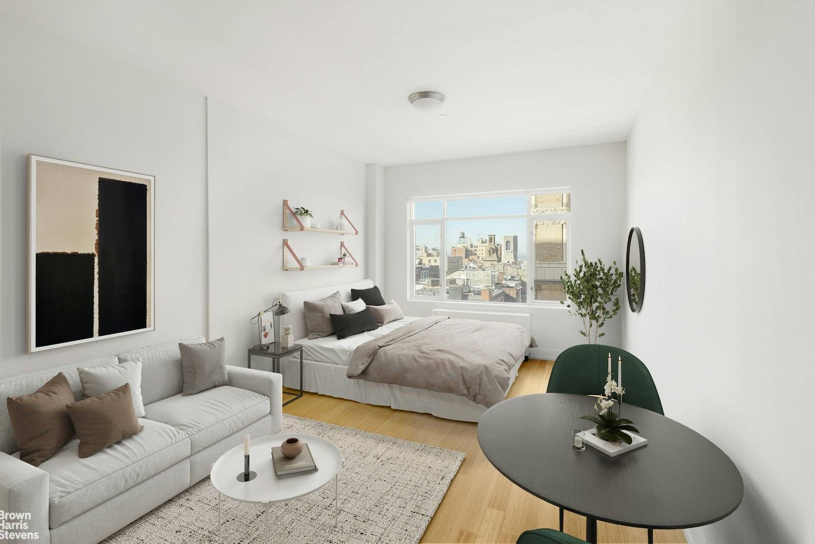 Welcome to Apartment 5E at 75 Clinton Street, a studio apartment with a home office and in unit washer dryer in Brooklyn HeightsEntering this apartment into the foyer, you will ...
