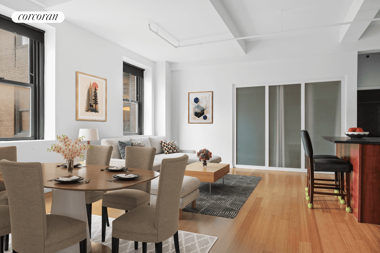 This spacious loft at 365 Bridge St, Apt 7O, offers a versatile layout with one bedroom, a large home office or nursery, and two full bathrooms.