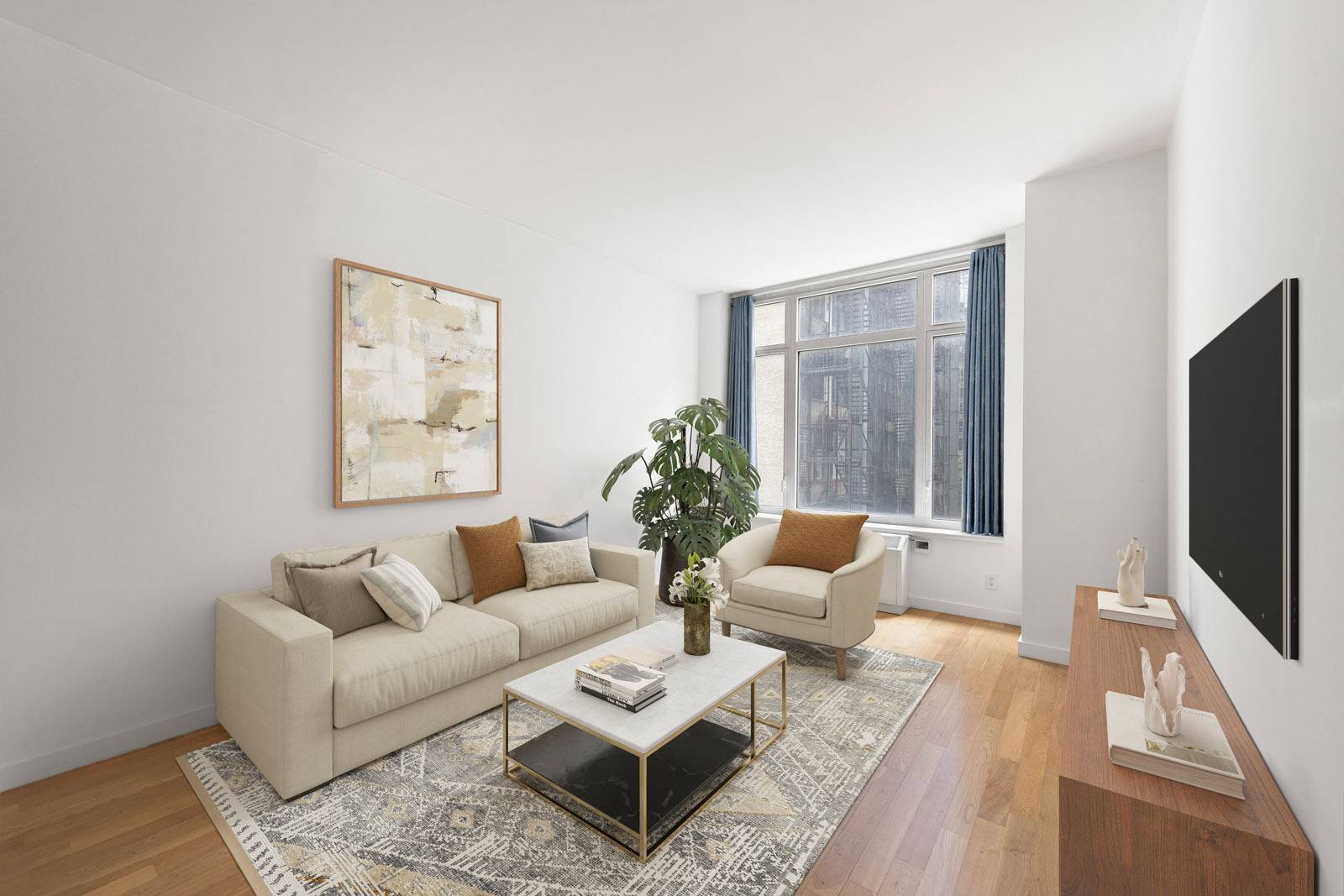 One bedroom, one bath with oversized windows, hardwood floors, large space closed, quiet apartment.