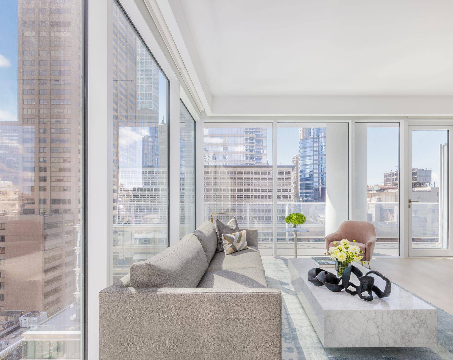 This spectacular 835 square foot one bedroom, one and a half bath light filled corner residence features 22 linear feet of terrace space with exposures to the south and west.