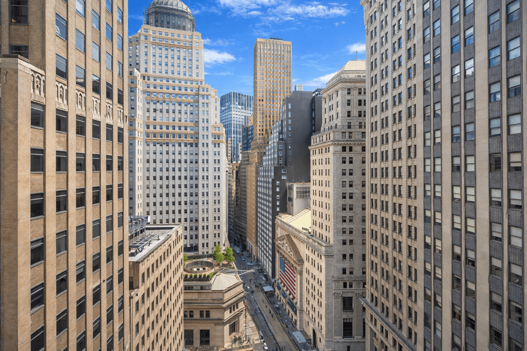 High floor, south facing loft with open, protected views of the New York Stock Exchange from two oversized windows real light and exposure that s hard to find in FiDi.