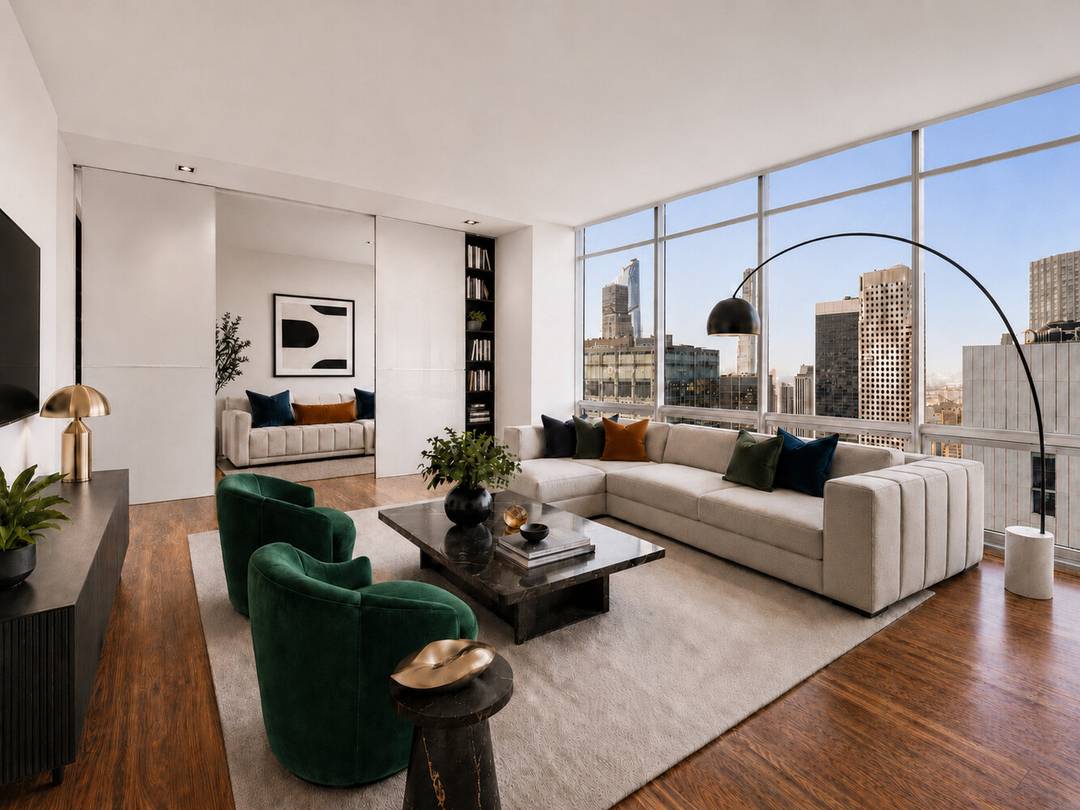 Spectacular Central Park and cityscape views define this meticulously renovated 2 bedroom, 2 bathroom residence on the 38th floor of Fifth Avenue's iconic Olympic Tower.