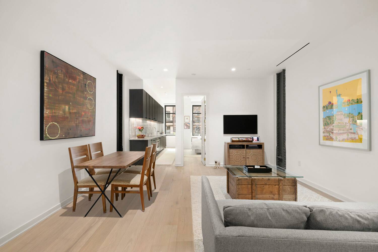 Residence 2B, a pristine 850 square feet one bedroom condominium with low monthlies, offers a seamless blend of pre war character and modern sophistication in the heart of North Tribeca.