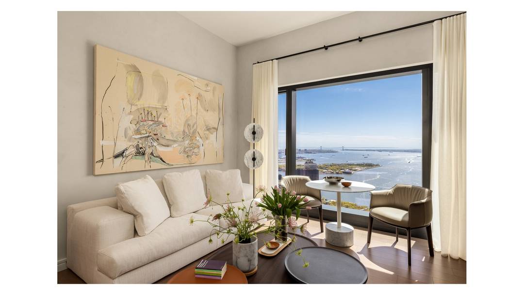 Residence 73C at The Greenwich by Rafael Vinoly is a high floor studio showcasing magnificent southern exposures and views of the New York Harbor and the Verrazano Bridge.