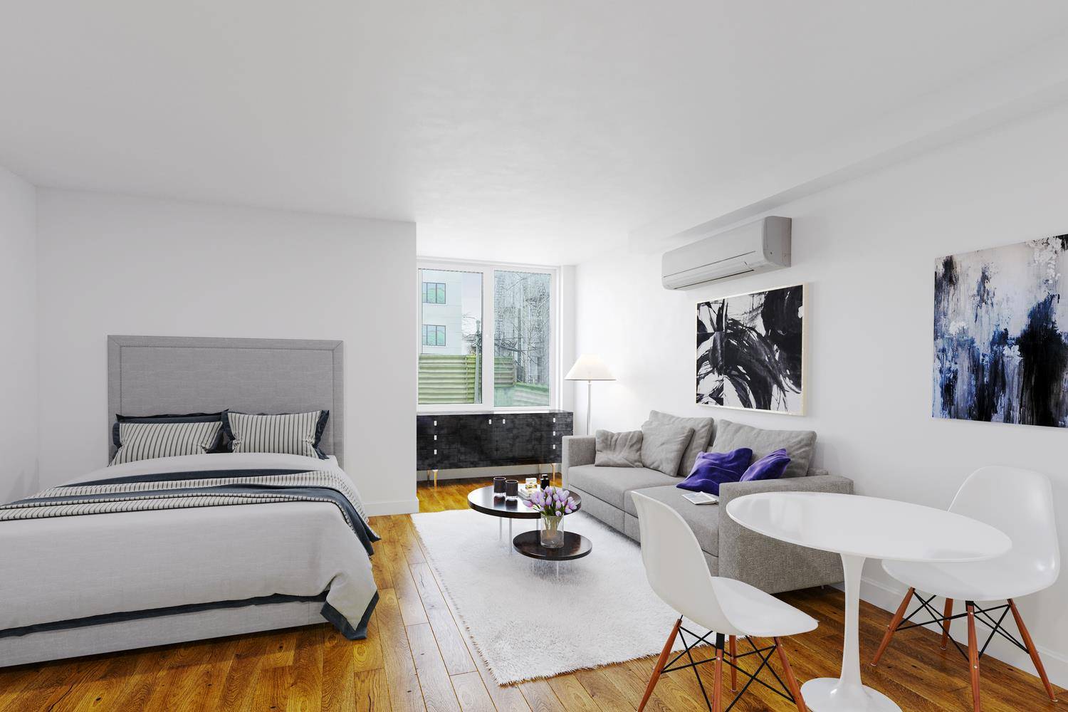 Bright and airy this loft features plenty of natural sunlight, high ceilings, central AC and walnut floors.
