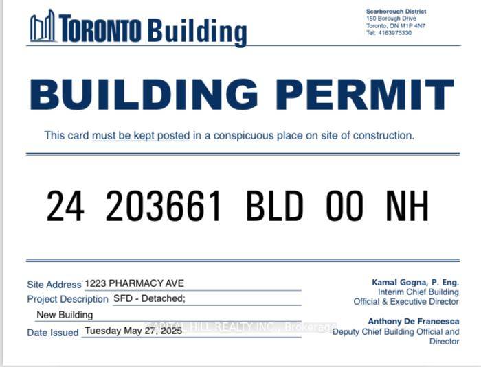 Builder Dream Ready to Build Buy today and build tomorrow opportunity Toronto's sought after Wexford neighbourhood No wait for city Approvals 1223A Pharmacy Ave a severed parcel with dimensions of ...