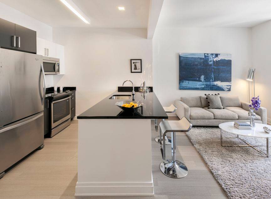 Giant studio with bonus alcove space perfect for a home office or sleeping alcove, large gourmet kitchen with eating bar, walk in closet, high ceilings, and in unit washer dyer.