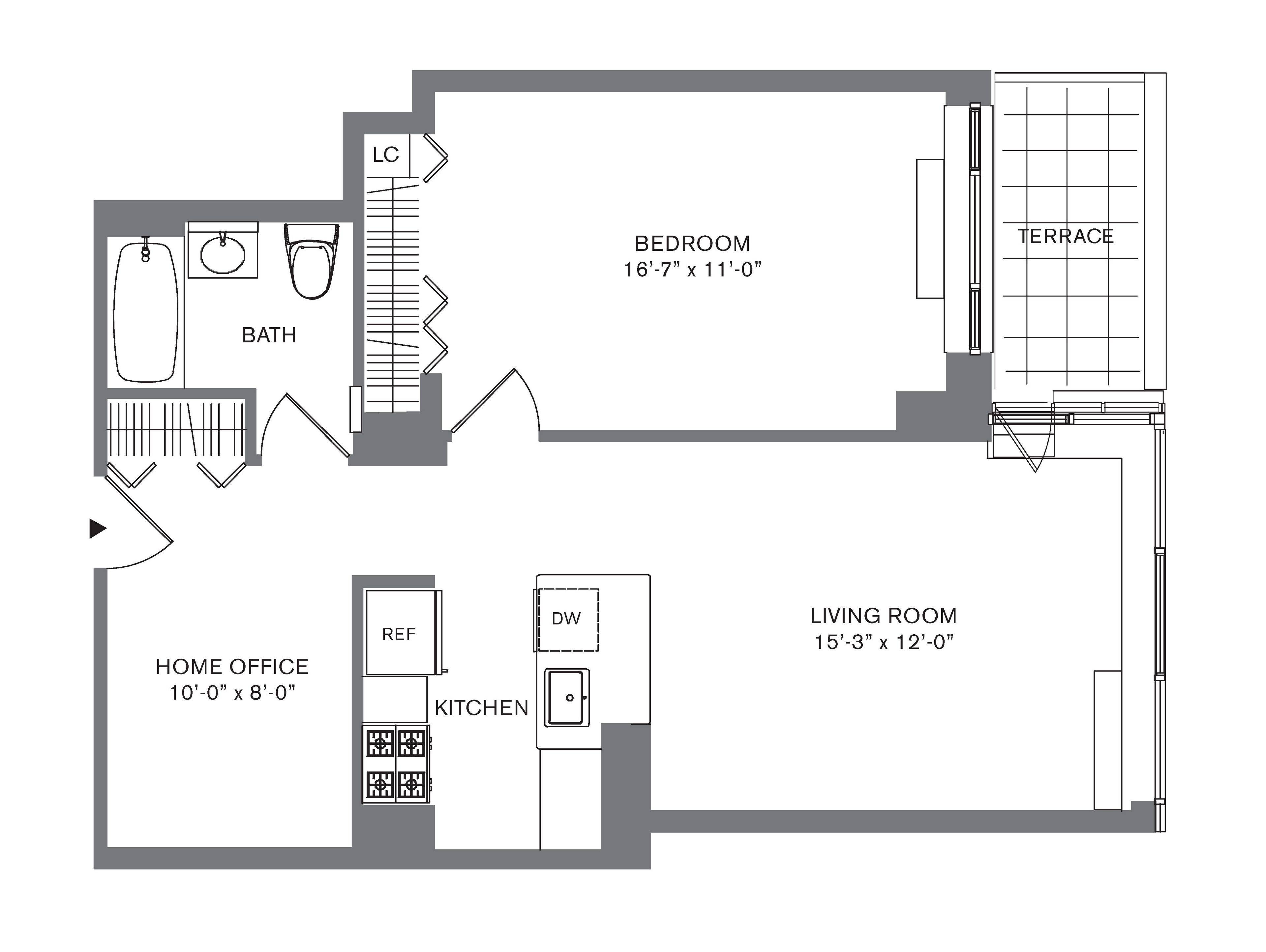 Oversized one bedroom with flexible floor plan with space for a dedicated home office or dining area, floor to ceiling windows and an open kitchen with stainless steel appliances, honed ...