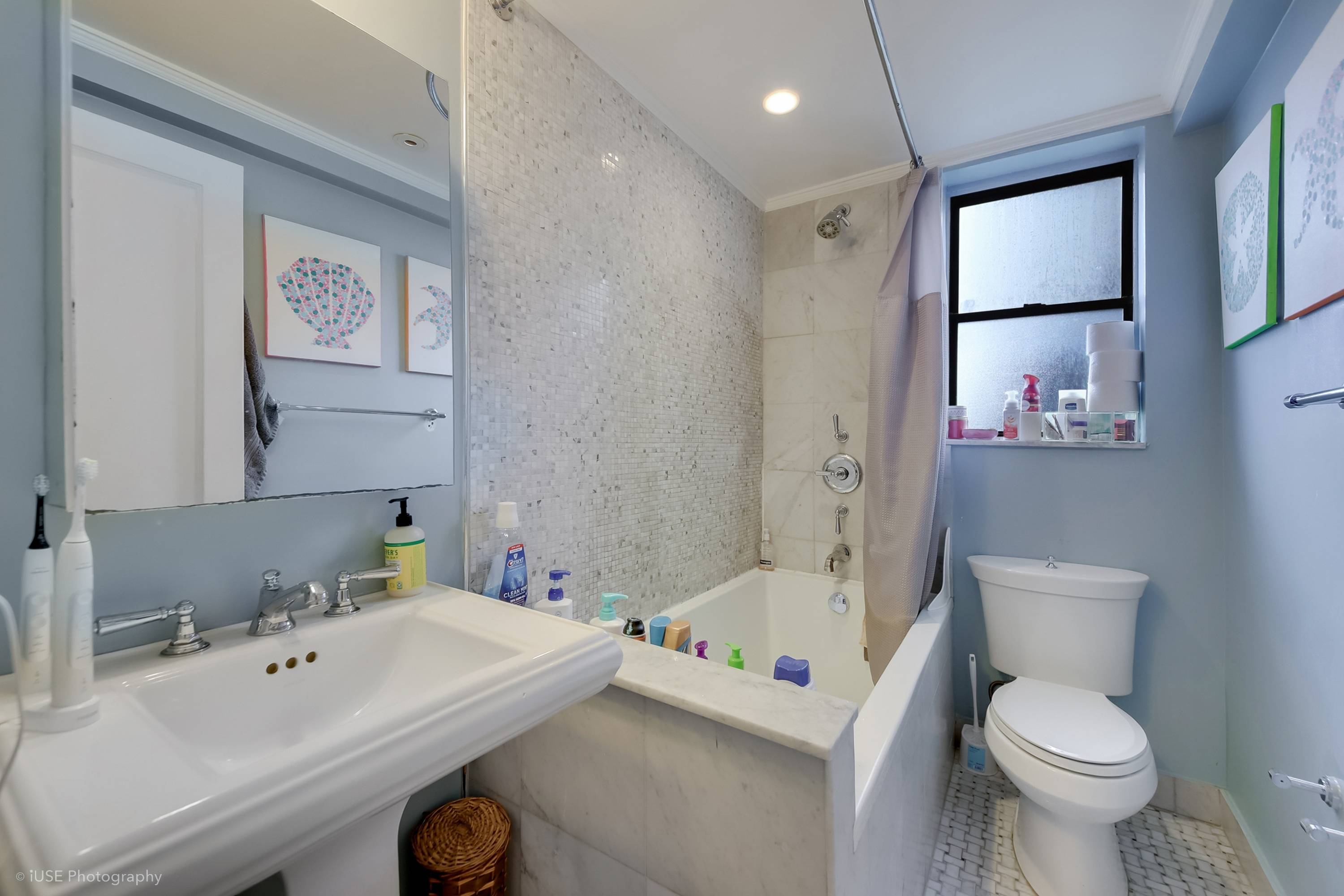 This luxury prewar 1 bedroom condo rental comes with a windowed kitchen that features custom cabinets, granite counters, stainless steel appliances with a Sub Zero Fridge.