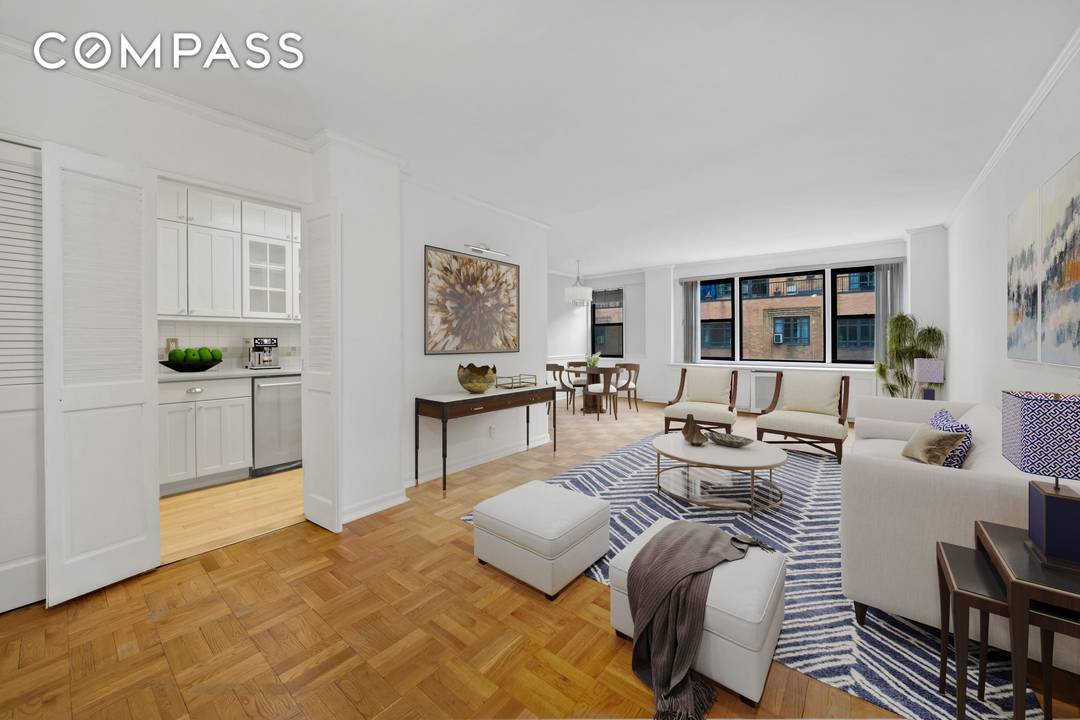 Sunsplashed and cheerful, this oversized one bedroom corner home is perched on the 8th floor, boasting stunning Chrysler Building views.