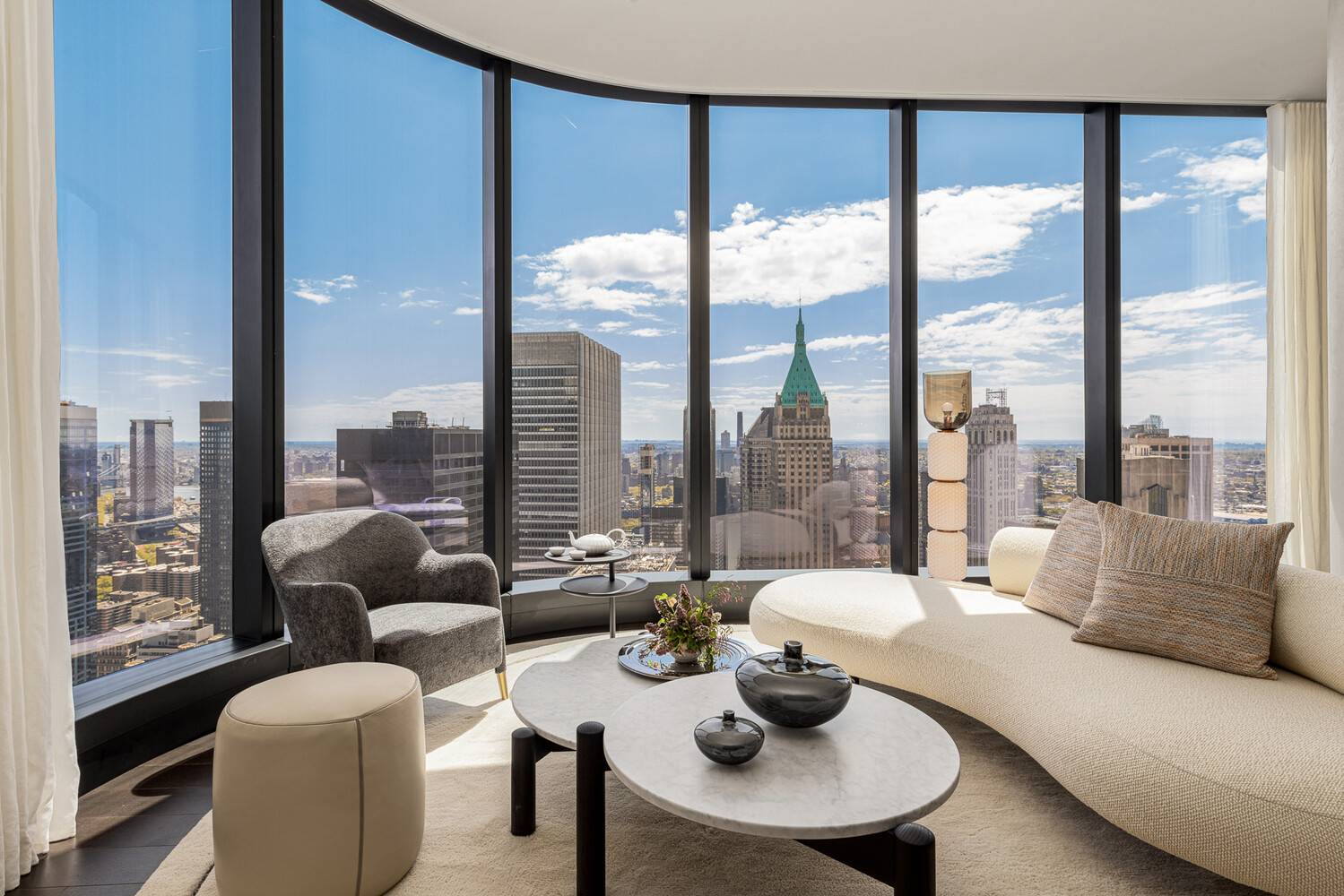 Introducing Residence 71A at The Greenwich by Rafael Vinoly, a north and east facing one bedroom, showcasing sweeping panoramas of the Manhattan Skyline and the East River.