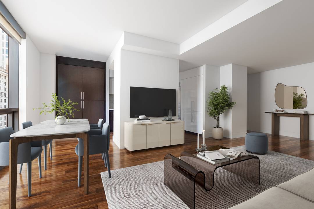 10C is a sun drenched 1, 300 SF 2 bedroom, 2 bathroom home with floor to ceiling windows, wide plank walnut floors, and a flexible dining alcove.