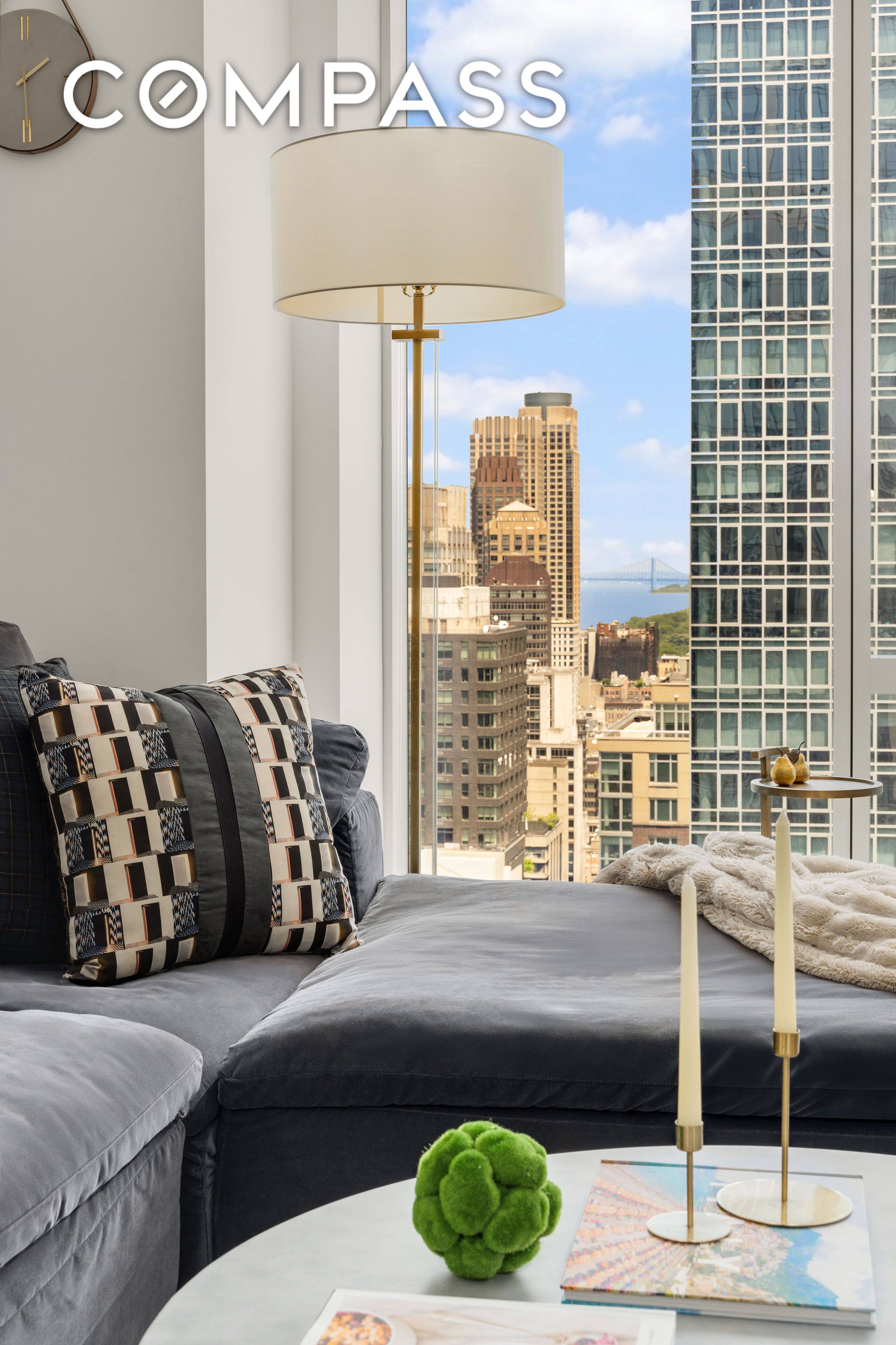 A rare, high floor 919 square foot one bedroom and one and a half bathroom residence with partial river views at the coveted One West End Condominium in Lincoln Square.